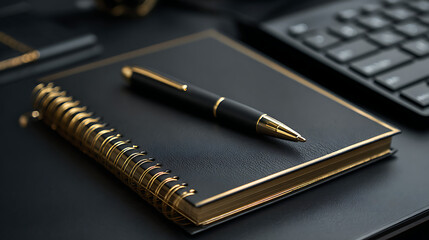 Elegant black notebook with gold accents and sophisticated writing instrument image