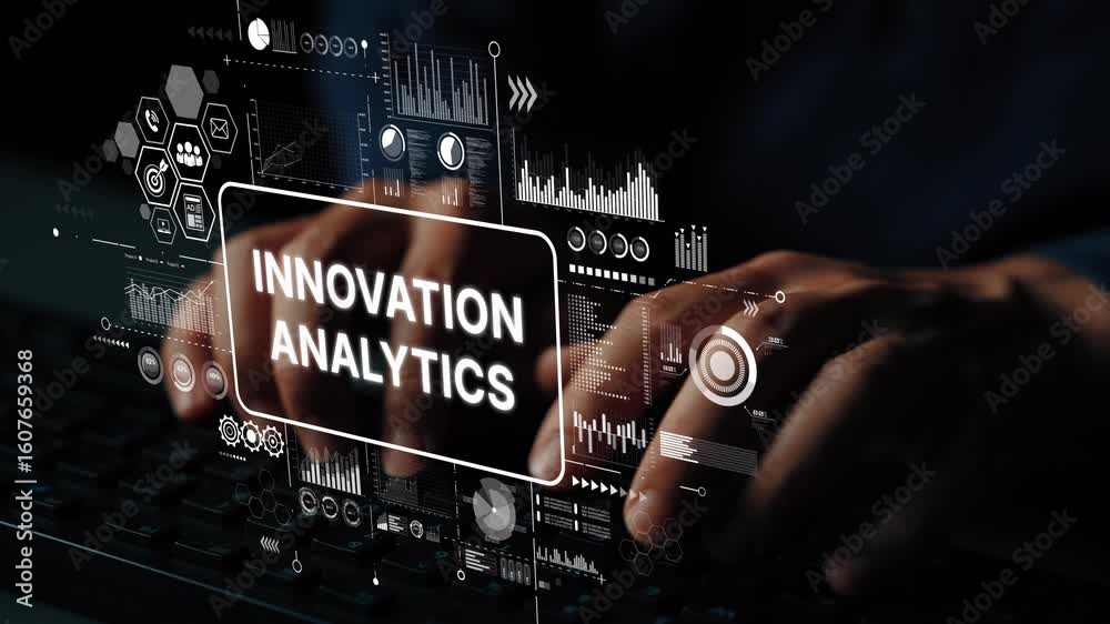 Poster hands typing on a keyboard with digital analytics and innovation graphics in a modern workspace sett