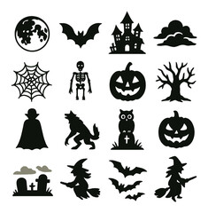 Spooky halloween silhouettes: haunted house, bats, pumpkins, skeleton, witch, and more