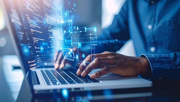 Close-up of person coding on laptop with digital overlay