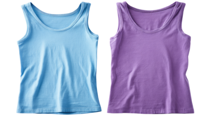 Two solid-color tank tops, light blue and lavender-purple, laid flat