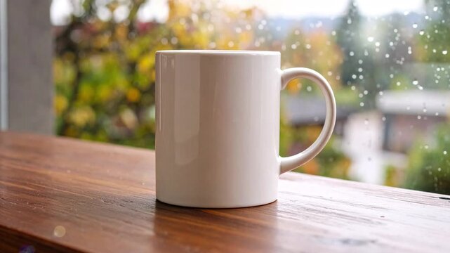 White ceramic mug mockup on wooden windowsill beside rainy window with blurred autumn background, perfect for branding design, product presentation, or print template in cozy indoor setting