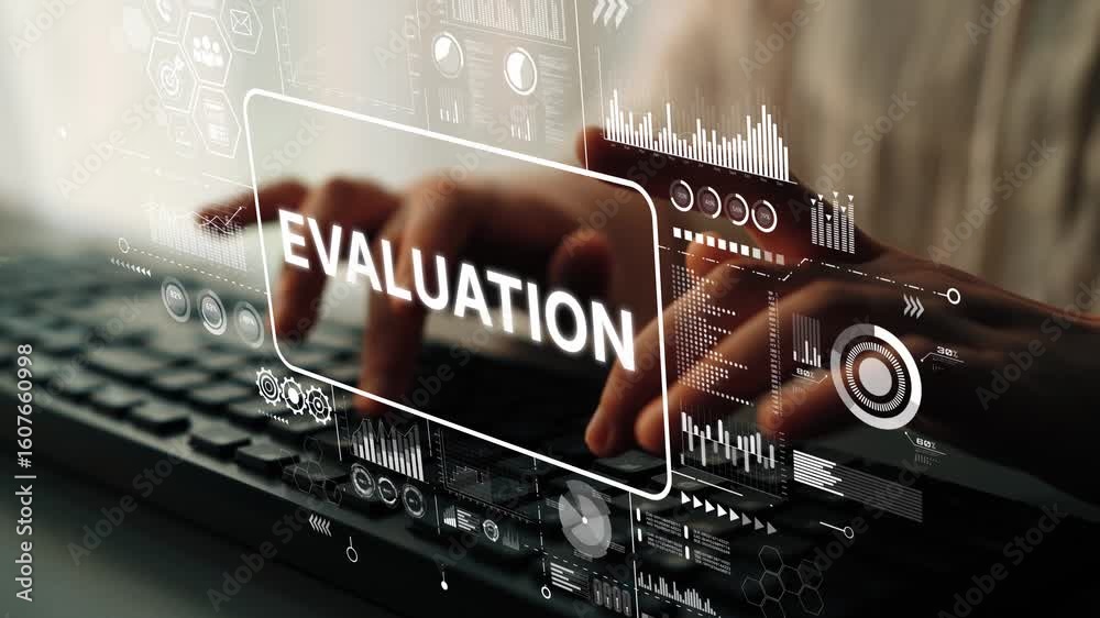 Poster digital evaluation process with keyboard interaction and data analysis graphics. asymptotic smart da
