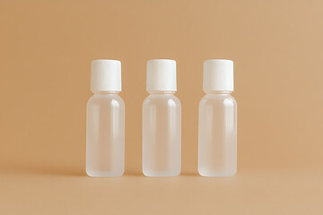 Three frosted translucent bottles with white caps, on a beige surface, suggesting healthcare, cosmetics, or pharmaceutical products. Modern and minimalist.