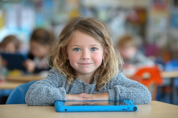 Child Engaged With Tablet in Classroom During Digital Learning Activity