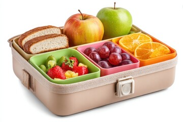 Lunchbox Filled With Healthy Snacks and Fruits on a White Background