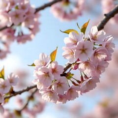 Macro cherry blossom branch in bloom with soft focus on light blue sky background in sunlight with copy space. Beautiful flowers image of spring nature.
