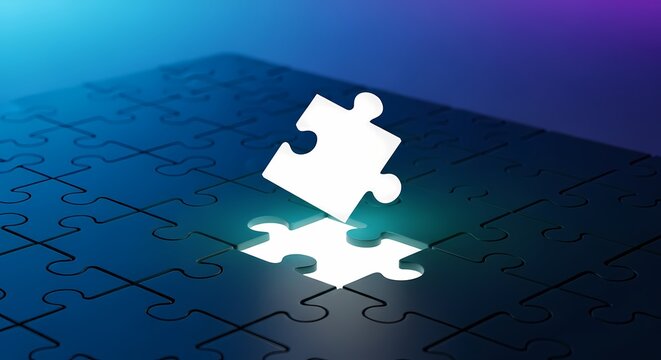 Puzzle piece fitting into jigsaw puzzle solution concept