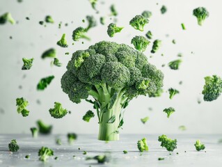 Broccoli florets flying in the air