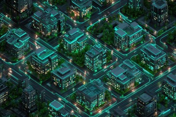 Bold Green-Lit Eco Smart City at Night
