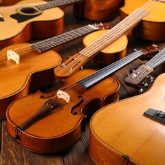 Collection of stringed instruments on wooden surface