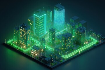 Bold Green-Lit Eco Smart City at Night