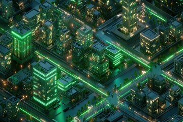 Bold Green-Lit Eco Smart City at Night