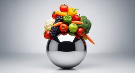 Colorful vegetables & fruit arranged atop a reflective chrome spherical base