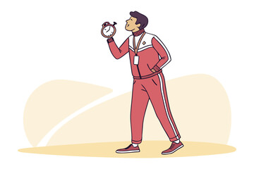 A determined coach in a red tracksuit blows a whistle while holding a stopwatch signaling the start of an intense training session