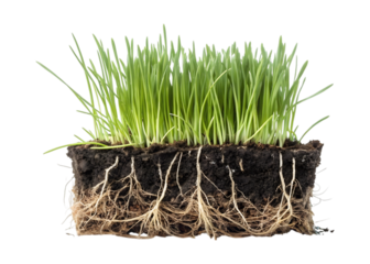 Square of grass with visible roots isolated on transparent background