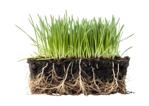 Square of grass with visible roots isolated on transparent background