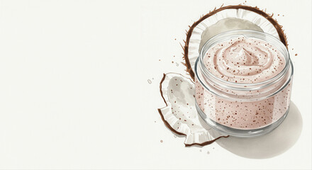 coconut hand scrub. body cream in jar with coconut shell on white background  