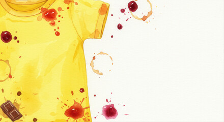 child’s shirt with food stains. Yellow t-shirt with stains and spills on white background  