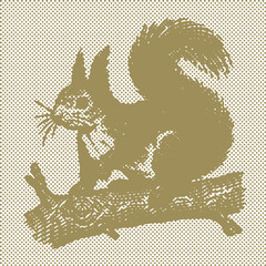  Golden standing squirrel on wooden branch digital art vector, canvas template stamp dot halftone