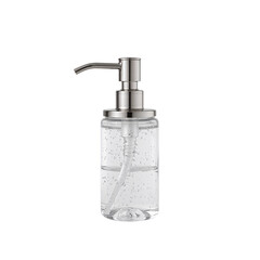 Fototapeta premium Modern silver pump dispenser with clear liquid and bubbles inside, perfect for sanitizing or lotions