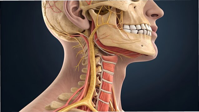 Hyperreal 3D anatomy of the salivary glands &mdash; parotid, submandibular, and sublingual glands secreting into ducts under the tongue