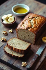 Rustic Homemade Banana Nut Bread Slices with Walnuts and Olive Oil, Dark Moody Food Photography