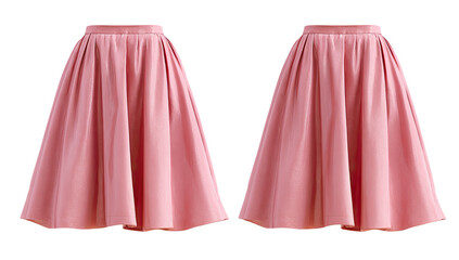 Two identical, mid-length, pleated, blush-pink skirts