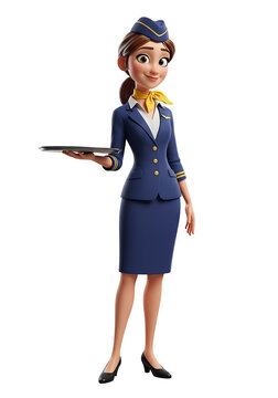 Smiling cartoon flight attendant presents a tray, ready to serve.