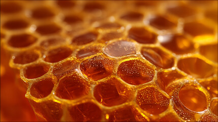 Golden honeycomb cells filled with viscous amber liquid and tiny air bubbles image
