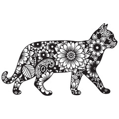 Floral Feline Silhouette Intricate Botanical Pattern Cat Design Artistic Black and White Illustration Graceful Elegant Animal