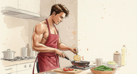 man cooking shirtless in apron. Male chef cooking in kitchen 