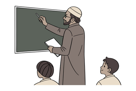 Wise islamic scholar in traditional attire delivers a lesson to attentive young students in a classroom setting