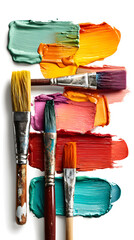 Fototapeta premium Vibrant Paint Swatches and Brushes on White Background