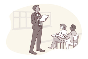A teacher stands confidently holding a clipboard addressing two students seated at a desk in a classroom setting
