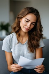 Fototapeta premium Young caucasian female reading document on gray sofa in bright living room setting