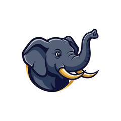Friendly, cheerful cartoon elephant mascot logo with a raised trunk and a bright smile, featuring vibrant blue colors.