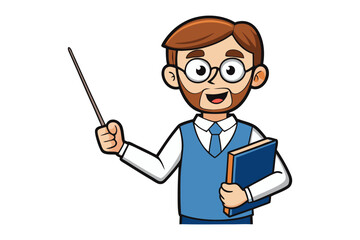 Friendly cartoon teacher with glasses holding a pointer stick and a book ready to instruct