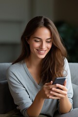 Young caucasian female smiling while using smartphone on couch