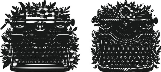  Vintage floral typewriter monochrome lined photocopy engraving bundle decorative retro design
