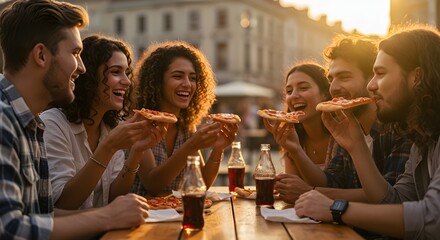happy group of friends eating pizza together in a restaurant, city life free time or travel and vacation, meeting friends and going out for dinner. Generative AI.