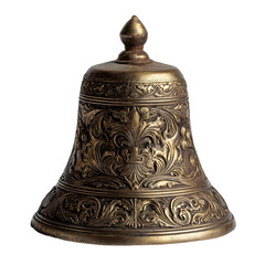 Antique ornate brass bell with intricate carvings and a pointed finial isolated on transparent background