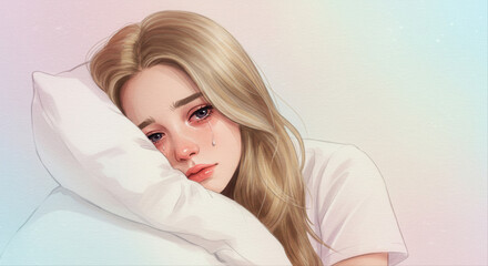 Fototapeta premium teen girl crying into pillow. Young woman with blonde hair looking sad 