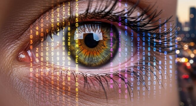 Eye with city background & digital code overlay
