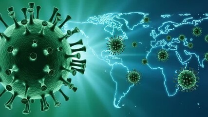 A microscopic view of the coronavirus pandemic spreading across the globe, depicted as a virus particle superimposed on a luminous world map - Powered by Adobe
