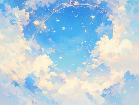 Celestial Gradient Background with Soft Blue Sky, Pale Yellow Clouds and Distant Stardust for Ethereal Designs