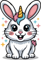 Fototapeta premium Whimsical white bunny with unicorn horn and colorful mane rabbit fantasy