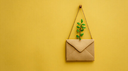 Kraft envelope with green plant hanging on yellow wall hanging decor minimalist
