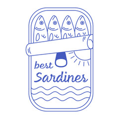 Sardines can line art. Canned seafood. Outline sticker of fish products packaging. Mediterranean italian style. Vector illustration in flat style