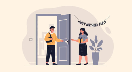 Arriving Guest With Birthday Present Celebrating With A Friend At Home